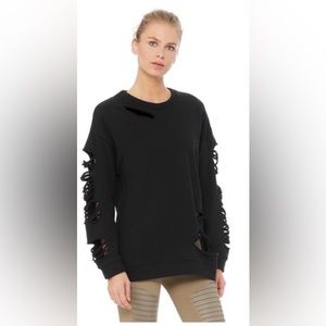 ALO YOGA Destroyed, Oversized Crewneck Sweatshirt, Black, Size S, NWOT